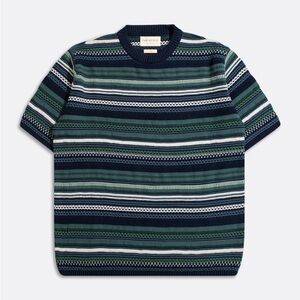 Far Afield Newport Knitted Top Crochet Stripe SS Sweater Blue Green Sz 4 XL